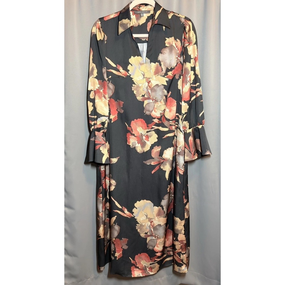 Julia Jordan Floral Print Long Sleeve Maxi Shirtdress Black Multicolor Fall Sz 8